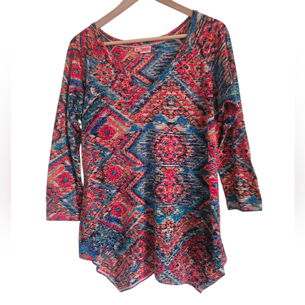 Tianello Colorful Tapestry‎ Print Knit Burnout Tunic, Size M, Made In USA